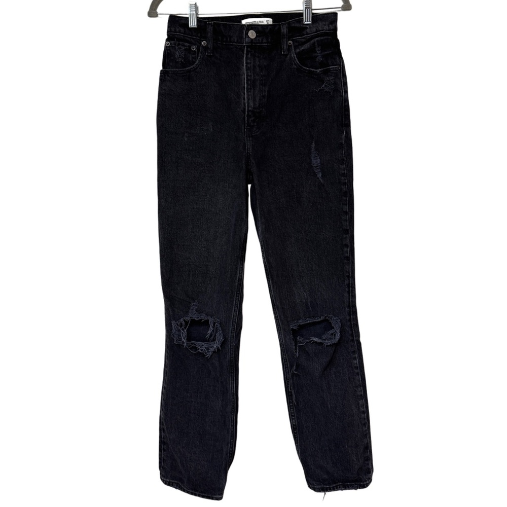 {A&F} "The '90s Straight Ultra High Rise" Ripped Knee Stretch Denim Jeans